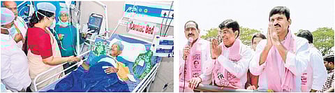 Congress party candidate in Khammam Renuka Chowdhury visits Vanajeevi D Ramaiah, a man undergoing treatment after he was injured in a road accident in Khammam; (right) Telangana Rashtra Samithi candidate    in Khammam Nama Nageswara Rao, outgoing Parliame