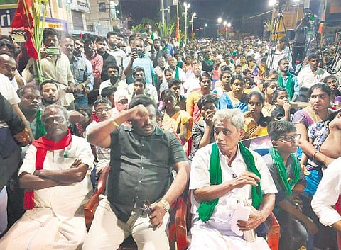 CPI Nagapattinam candidate M Selvarasu (left) listening to Naam Tamilar Katchi coordinator Seeman’s speech at his public meeting on Panagal Road, Tiruvarur, on Monday night | Express