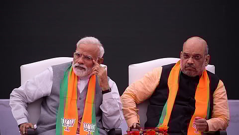 Prime Minister Narendra Modi and BJP President Amit Shah after the release of BJP manifesto Sankalp Patra for Lok Sabha elections 2019 in New Delhi Monday April 08 2019. (EPS | Shekhar Yadav)