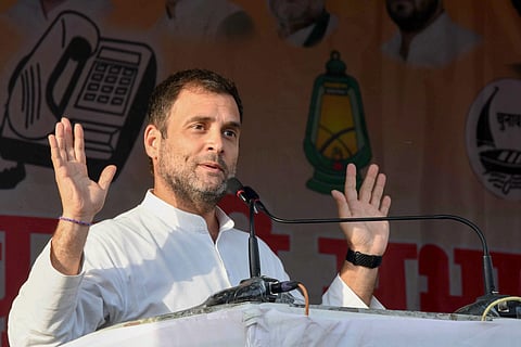 Congress President Rahul Gandhi addressing an election rally (Photo | PTI)