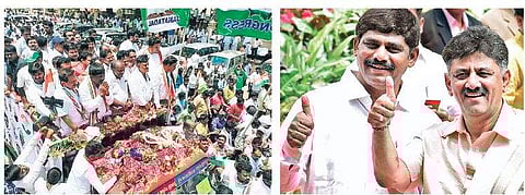 Chief Minister HD Kumaraswamy takes out a rally with Congress candidate DK Suresh and minister DK Shivakumar in Bangalore Rural constituency| Express