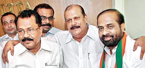 Janapaksham leader PC George MLA, after joining the NDA, with BJP state president P S Sreedharan Pillai and BJP national secretary Y Satya Kumar | Shaji Vettipuram