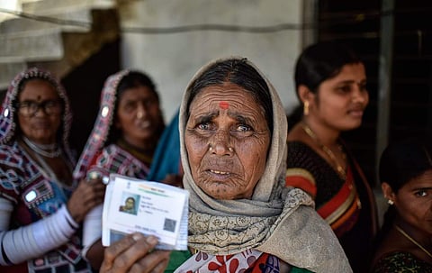 Voters standing in a polling booth at Ranga Reddy district in Telangana. (Photo | Vinay Madapu, EPS)