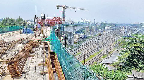 The cantilever bridge of Kochi Metro above the railway track without the support of pillars at Ernakulam South