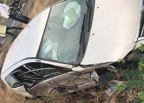 The SUV car in which MLA Anjali Nimbalkar was travelling after the mishap. (Photo | ENS)