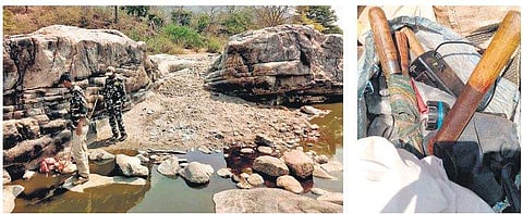 Forest officials from MM Hills Wildlife Sanctuary inspect blood stains in Palar river. The arms seized from poachers | Express