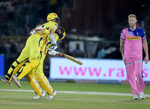 Ravindra Jadeja and Mitchell Santner celebrate the win as RR's Ben Stokes looks on. (Photo | PTI)
