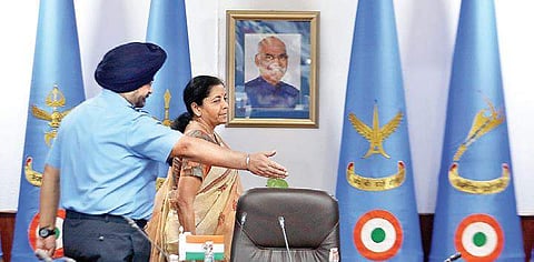 Defence Minister Nirmala Sitharaman with Air Chief Marshal BS Dhanoa during the IAF Commanders conference in New Delhi on Thursday | Shekhar Yadav