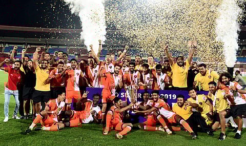 FC Goa players celebrate after beating Chennaiyin FC in the final of the Hero Super cup. (Photo | PTI)