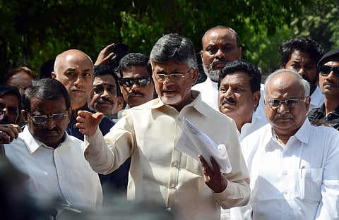 Andhra Pradesh CM Chandrababu Naidu addressing the media along with other MPs outside Nirvachan Sadan after meeting the Chief Election Officer of India in New Delhi on 14 April 2019. (Photo | Naveen Kumar, EPS)