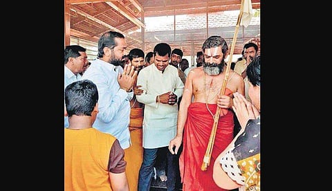 Revenue Udyogula Sangham leader Golkonda Satish and others call on Chinna Jeeyar Swami in Hyderabad on Saturday| Express