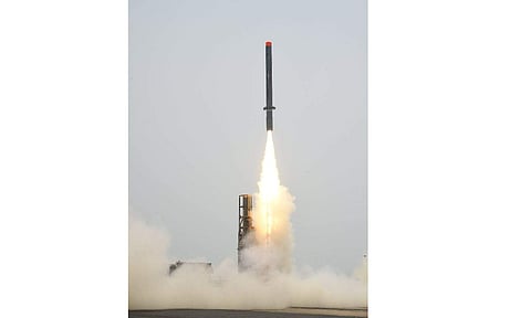 Nirbhay missile being test fired from ITR off Odisha coast on Monday. EPS