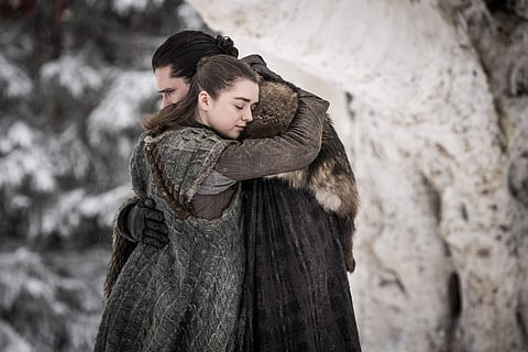This image released by HBO shows Maisie Williams, left, and Kit Harington in a scene from 'Game of Thrones,' premiering on Sunday, April 14. (Photo | AP)