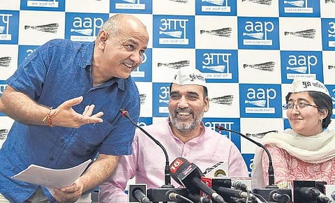 Senior AAP leaders Manish Sisodia and Gopal Rai with AAP candidate Atishi during a Press conference in New Delhi on Tuesday | Parveen Negi
