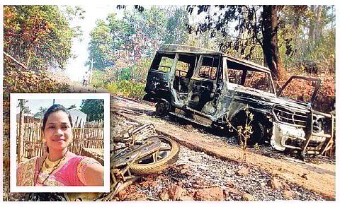 A vehicle carrying poll officials torched by Maoists in Phiringia on Wednesday (inset:Sanjukta Digal)