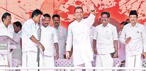 Congress president Rahul Gandhi waving at an election rally at St Mary’s College ground at Sultan Bathery | Express