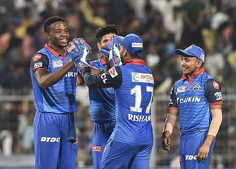 DC bowler Rabada celebrates with teammates. (Photo | PTI)
