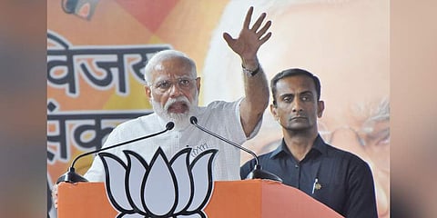 Prime Minister Narendra Modi adressing the NDA Vijay Sankalp Rally at central stadium in Thiruvananthapuram on Thursday. (Photo | B P Deepu, EPS)