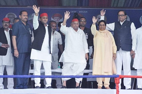 Samajwadi Party patron Mulayam Singh Yadav and party President Akhilesh Yadav and BSP supremo Mayawati during their joint election campaign rally in Mainpuri (Photo by special arrangement)