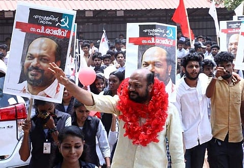 LDF candidate from Ernakulam constituency P Rajeev during a poll rally (Facebook Photo)
