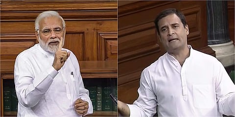 (L-R) Prime Minister Modi and Congress chief Rahul Gandhi on the floor of the Parliament. (Screengrabs | Lok Sabha TV)