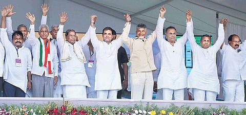 AICC president Rahul Gandhi along with  AP Chief Minister N Chandrababu Naidu and other leaders at an election meeting in Raichur on Friday | Express