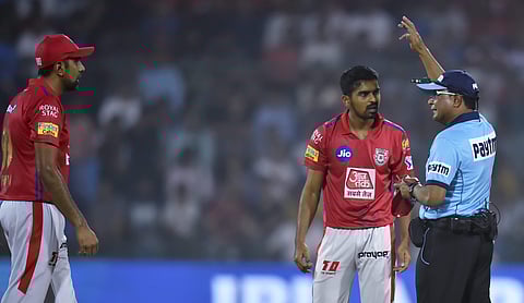 Umpire giving free hit signal during the Indian Premier League IPL T20 2019 cricket match between Delhi Capitals DC and Kings XI Punjab. (Photo | PTI)