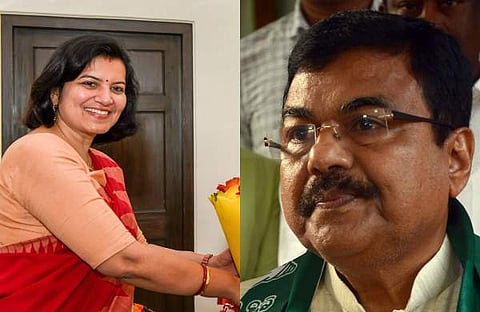 Aparajita Sarangi(L) and Biju Patnaik(R) (File Photo| PTI and Express)