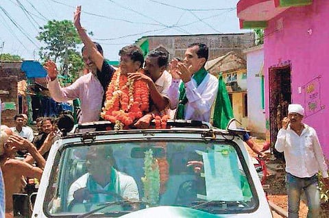 BJD candidate for Khandapada Assembly segment Soumya Ranjan Patnaik campaigning at Benagadia on Saturday | EXPRESS