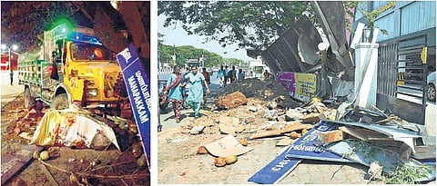 (Left) The lorry after running over 3 persons; the impact of the collision completely destroyed the bus shelter | Ashwin Prasath