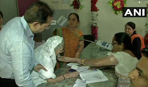 Heeraben Modi, Prime Minister Narendra Modi's mother casts her vote at a polling station in Raisan, Ahmedabad. | (ANI)