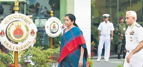 Defence Minister Nirmala Sitharaman and Navy chief Admiral Sunil Lanba at the Naval Commanders Conference in New Delhi on Tuesday. The conference is the Naval service’s apex meet and focuses on studying the challenges before the force | PTi