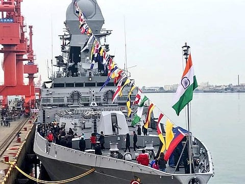 Indian Navy ship at Qingdao for China Navy 70 celebrations. (Photo | Twitter / Indian Navy)