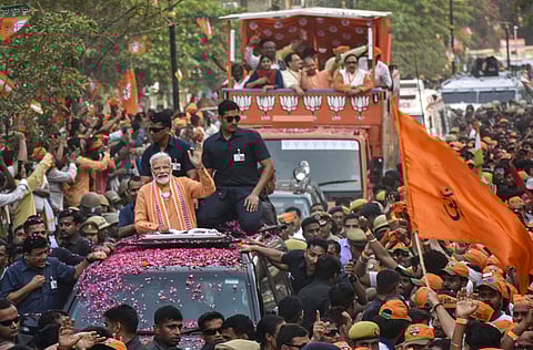 PM Narendra Modi during the roadshow in Varanasi (Photo | PTI)