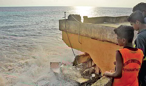 A house at Valiyathura in Thiruvananthapuram is on the verge of collapse due to strong waves. The waves have destroyed several houses along the coast between Valiyathura and Shanghumugham | B P Deepu