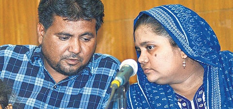 Bilkis Bano at a press conference in New Delhi on Wednesday. The Supreme Court recently hiked the state’s compensation to her to Rs 50 lakh | naveen kumar