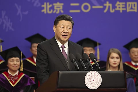 Chinese President Xi Jinping gives a speech during the Tsinghua University's ceremony for Russian President Vladimir Putin, unseen, at Friendship Palace in Beijing, April 26, 2019. (Photo | AP)