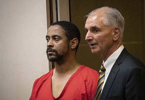 Isaiah J Peoples appears for his arraignment in Santa Clara County Superior Court as his attorney Chuck Smith stands at his side (Photo | AP)