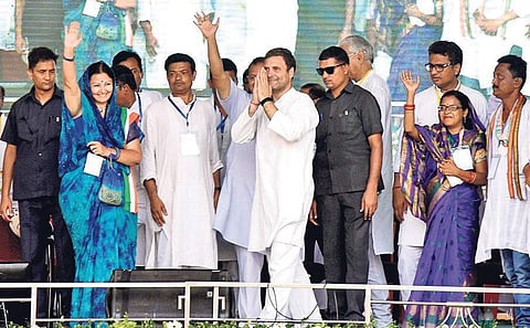 Congress president Rahul Gandhi at election meeting in Remuna of Balasore district on Friday | Express
