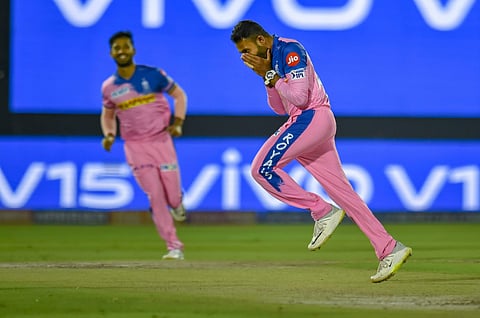 RR bowler Shreyas Gopal celebrates the wicket of Virat Kohli. (Photo | PTI)