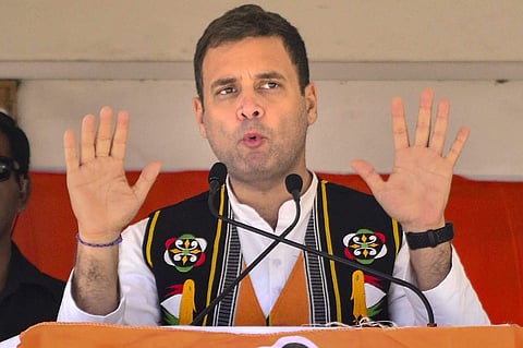 Dimapur Congress President Rahul Gandhi addresses a public rally ahead of the Lok Sabha elections in Dimapur Wednesday April 03 2019. (Photo | PTI)