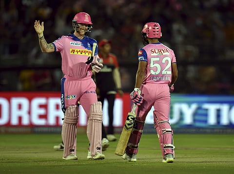 Rajasthan Royals (RR) players Ben Stokes and Rahul Tripathi celebrate victory against Royal Challengers Bangalore RCB during the Indian Premier League IPL T20 2019 cricket match at Sawai Man Singh stadium in Jaipur Tuesday April 2 2019. | (Photo | PTI)