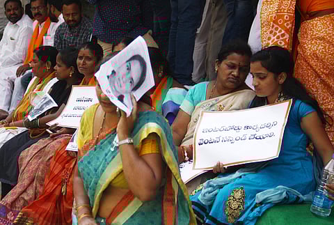 Indefinite hunger strike  by BJP workers demanding justice to students at their state office in Hyderabad on Monday (Photo | Senbagapandiyan/EPS)