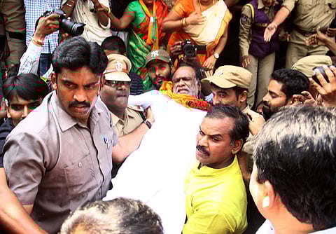Police cut short BJP State president K Laxman’s protest at Nampally on Monday (Photo | S Senbagapandiyan/EPS)