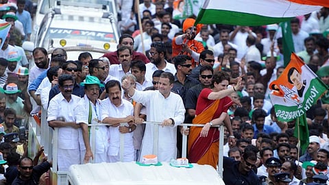 Congress leader Rahul Gandhi, accompanied by his sister Priyanka Gandhi Vadra, hold a roadshow in Wayanad constituency as part of his campaign during the 2019 Lok Sabha elections.