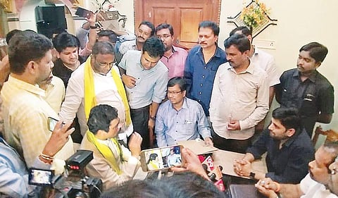 Rajya Sabha MP C M Ramesh arguing with I-T officials when they tried to raid TTD chief and Mydukur candidate (inset) P Sudhakar Yadav’s house | Express