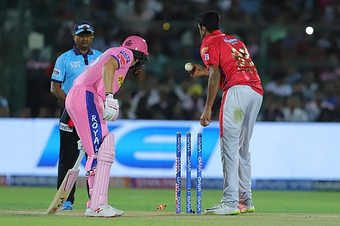 Before delivering the ball, the KXIP captain Ashwin paused and nonchalantly removed the bails and appealed for a run-out. (Photo | Twitter/@IPL)