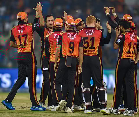 SRH players celebrate after claiming the wicket of DC player Rishabh Pant during the Indian Premier League 2019. (Photo | PTI)