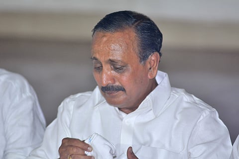 Kozhikode UDF candidate MK Raghavan turned emotional when media persons raised questions regarding the bribery allegation in a press meet held at Kozhikode DCC office ( Express Photo by Manu R Mavelil)