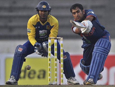 Kumar Sangakkara is seen behind the wickets as MS Dhoni bats on. (File Photo | PTI)